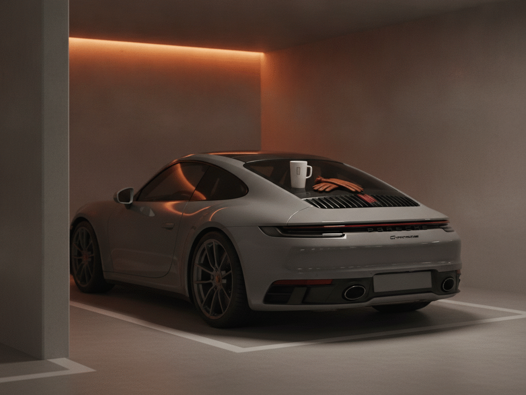 Porsche 911 in a private underground parkade bay with warm LED lighting