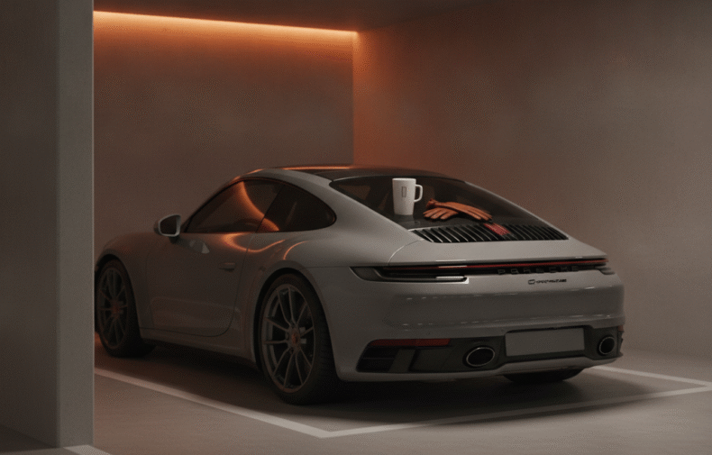 Porsche 911 in a private underground parkade bay with warm LED lighting