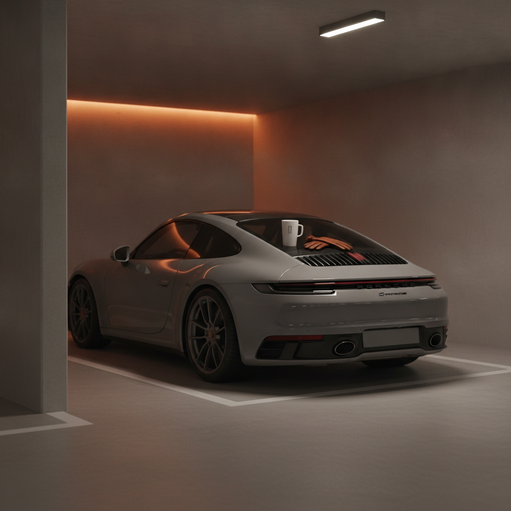 Porsche 911 in a private underground parkade bay with warm LED lighting