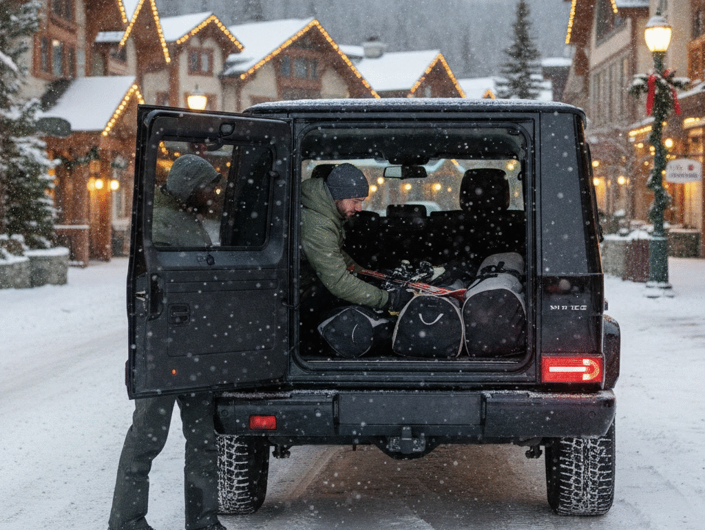 Skis and boot bags loading into a Mercedes G-Class at Whistler village during light snowfall