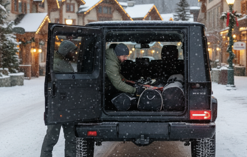 Skis and boot bags loading into a Mercedes G-Class at Whistler village during light snowfall