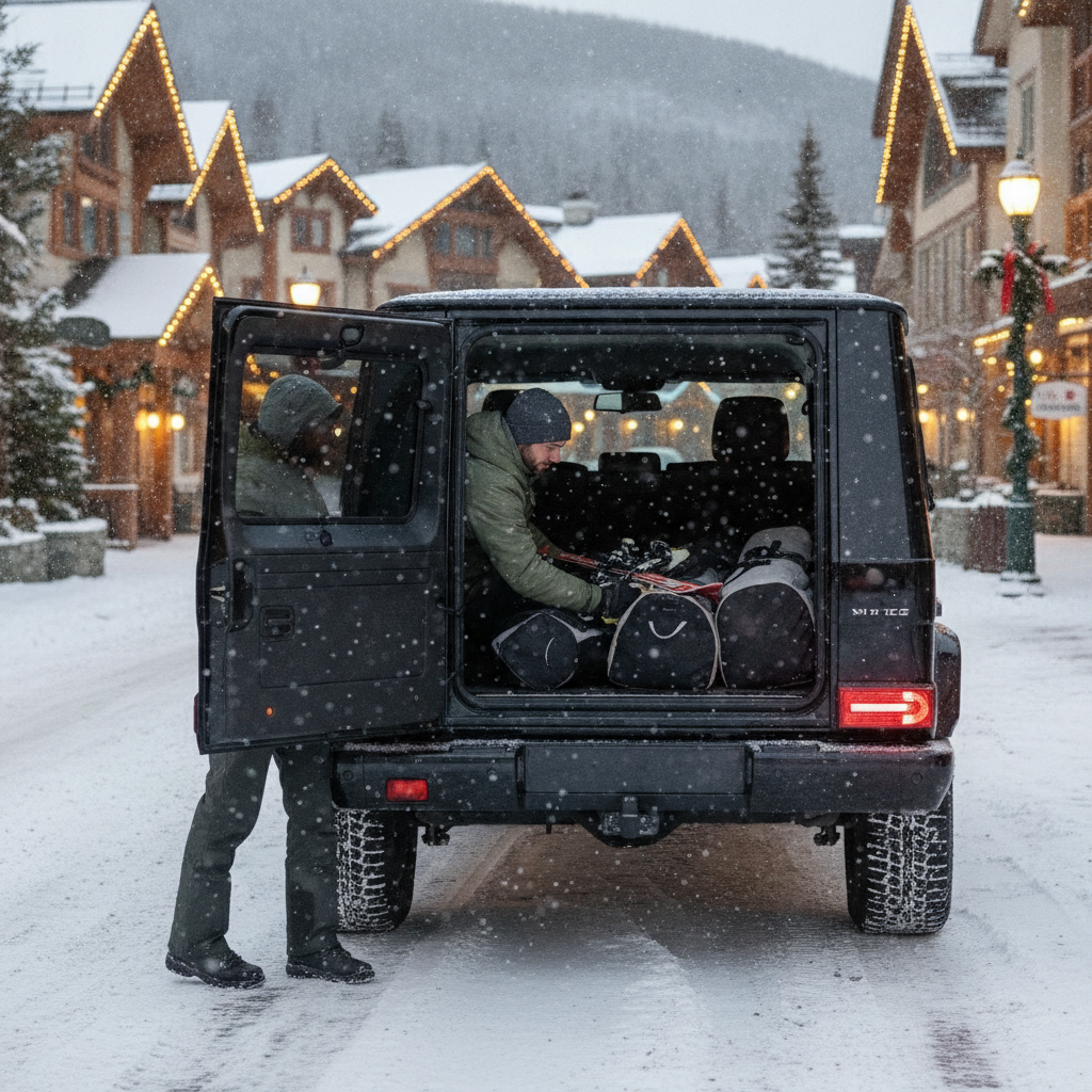 Skis and boot bags loading into a Mercedes G-Class at Whistler village during light snowfall