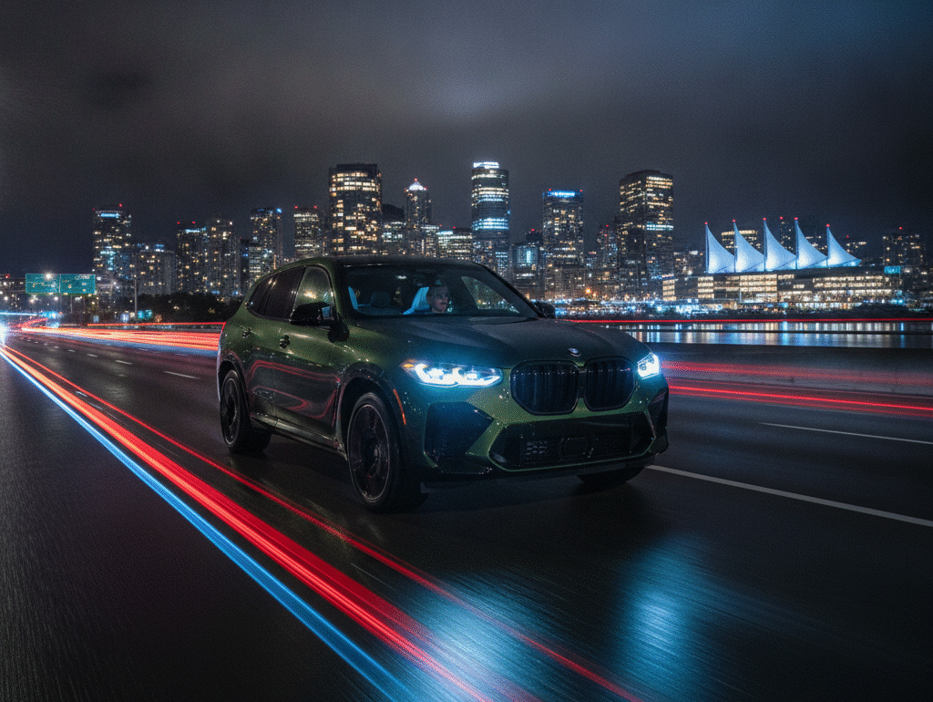 BMW XM on a Vancouver highway at night with illuminated skyline behind