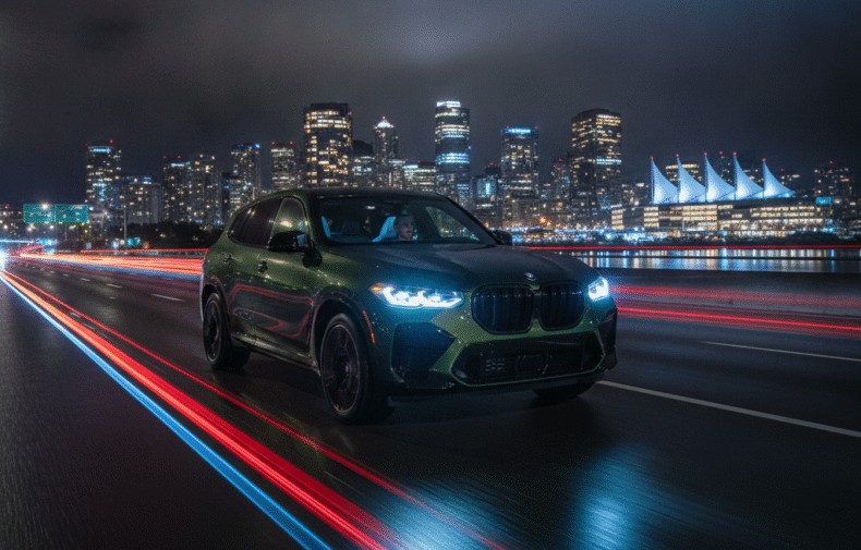 BMW XM on a Vancouver highway at night with illuminated skyline behind