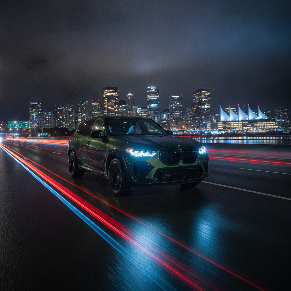 BMW XM on a Vancouver highway at night with illuminated skyline behind