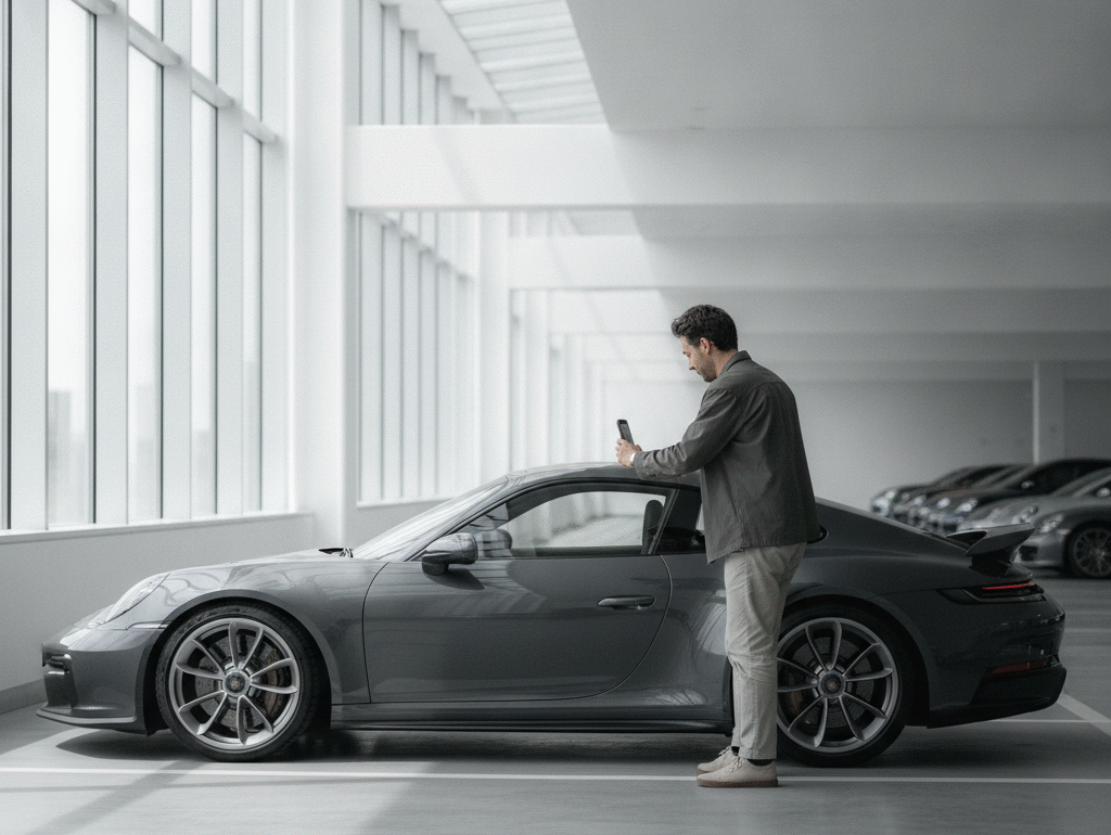 Person filming a phone walkaround inspection next to a Porsche 911 in a bright modern parking facility