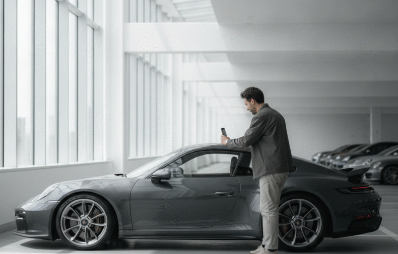 Person filming a phone walkaround inspection next to a Porsche 911 in a bright modern parking facility