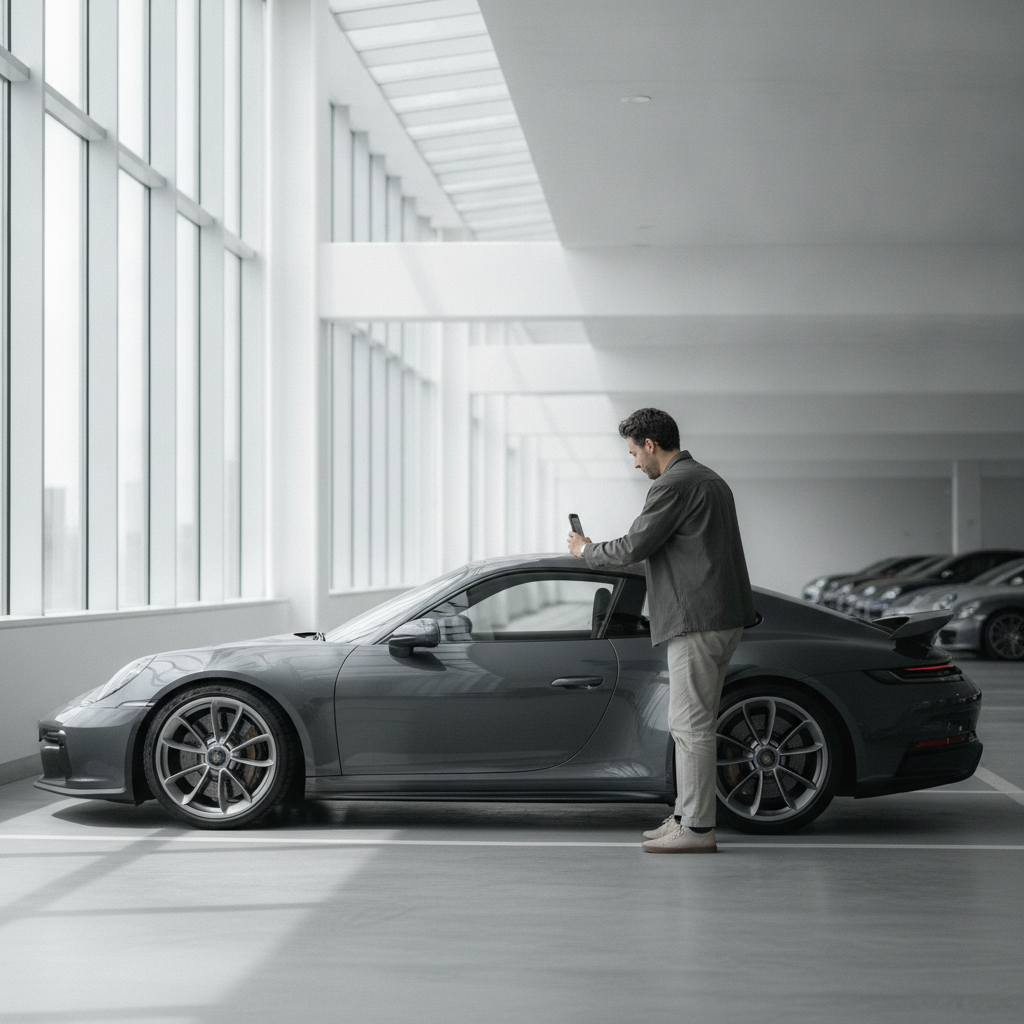 Person filming a phone walkaround inspection next to a Porsche 911 in a bright modern parking facility