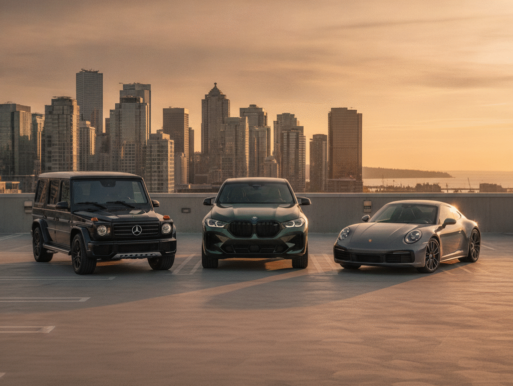 Mercedes G-Class, BMW XM and Porsche 911 lined up on a Vancouver rooftop parking deck at golden hour