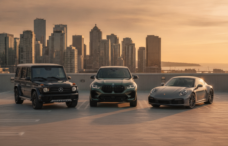 Mercedes G-Class, BMW XM and Porsche 911 lined up on a Vancouver rooftop parking deck at golden hour
