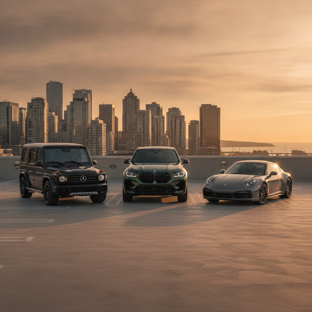 Mercedes G-Class, BMW XM and Porsche 911 lined up on a Vancouver rooftop parking deck at golden hour