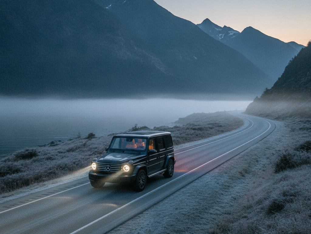 Mercedes G-Class on a frosty Sea-to-Sky Highway at dawn with mist