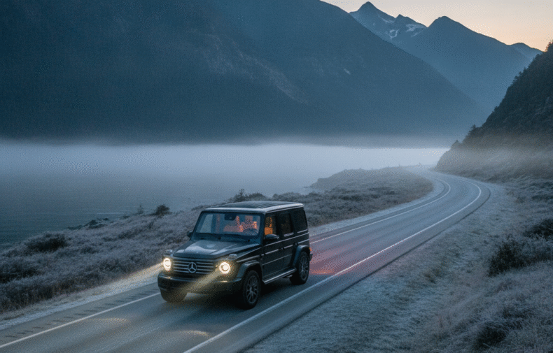 Mercedes G-Class on a frosty Sea-to-Sky Highway at dawn with mist