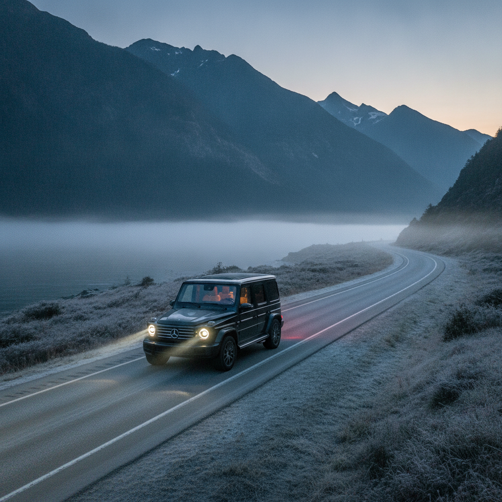 Mercedes G-Class on a frosty Sea-to-Sky Highway at dawn with mist