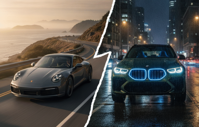 Porsche 911 on a sunlit coastal road beside a BMW XM under evening city lights