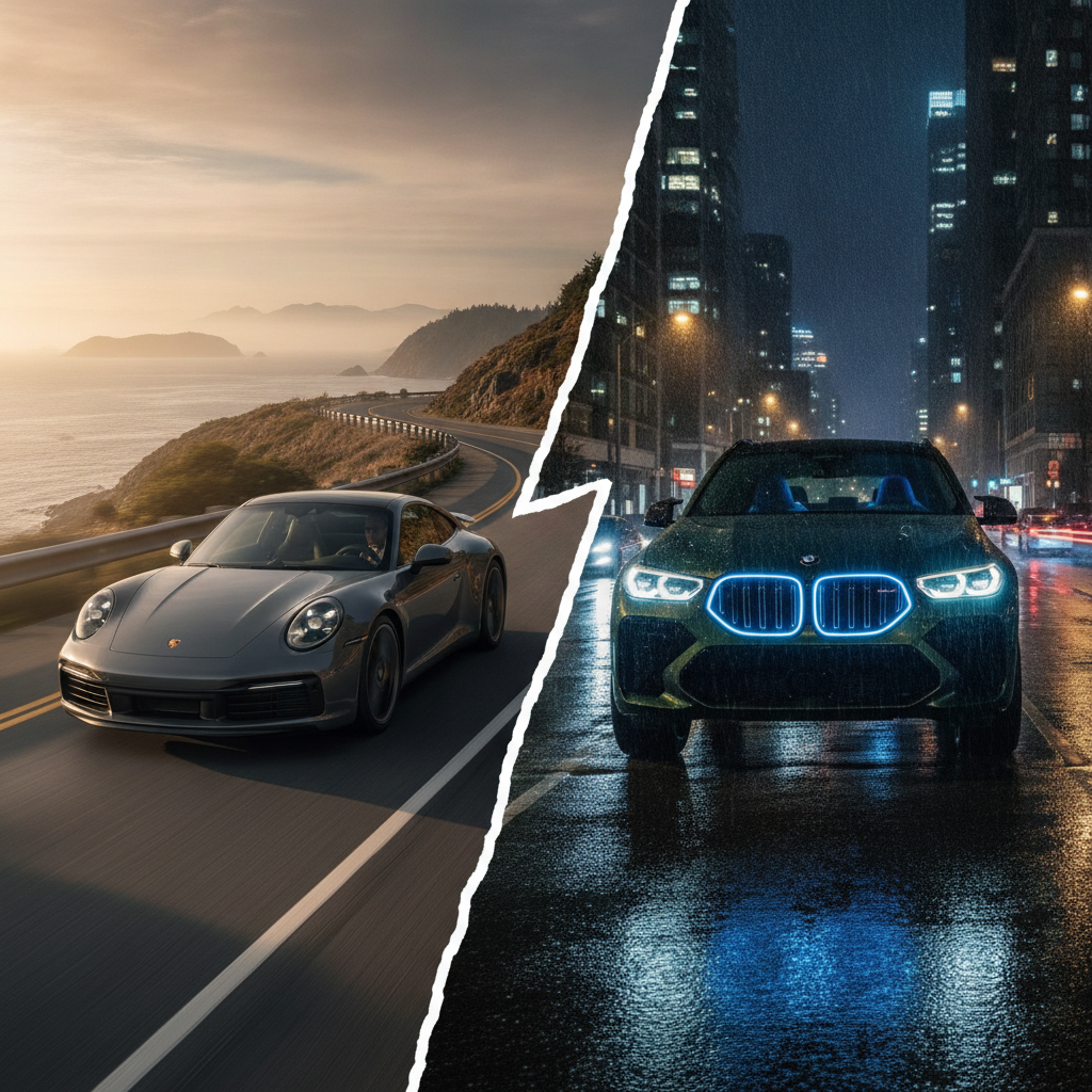 Porsche 911 on a sunlit coastal road beside a BMW XM under evening city lights