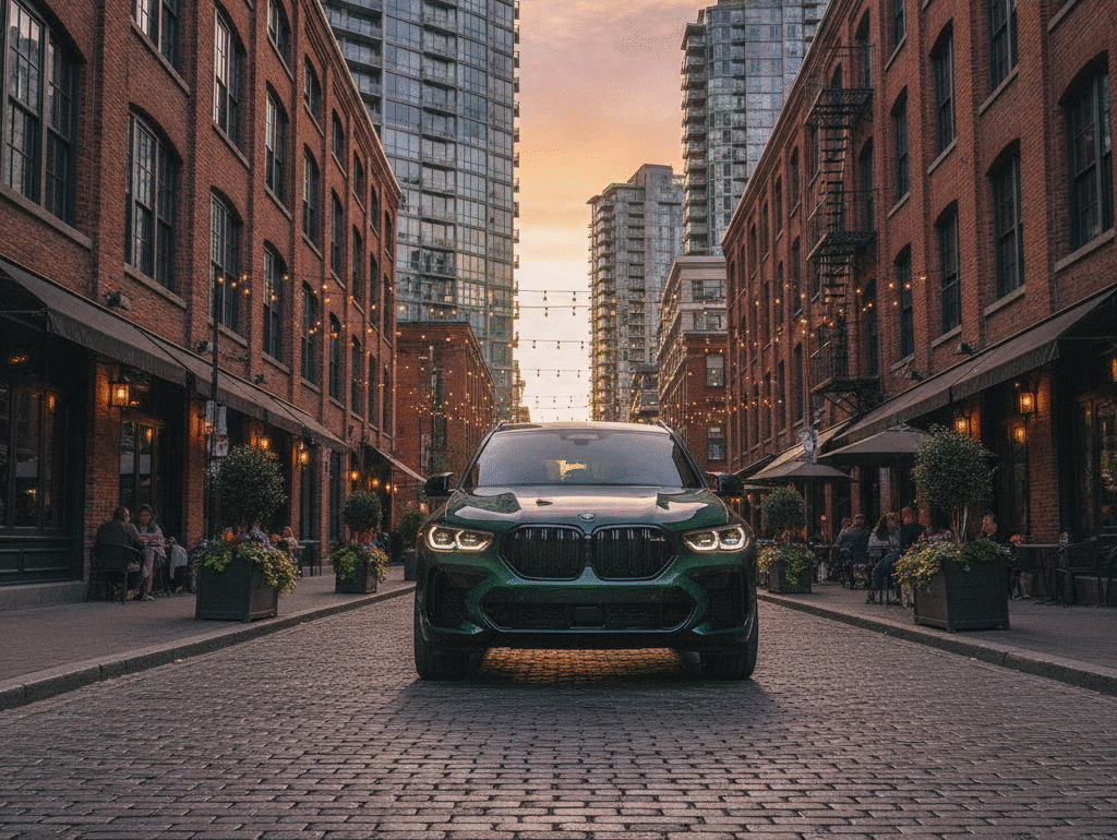 BMW XM driving through Yaletown's brick warehouse streets in Vancouver afternoon light