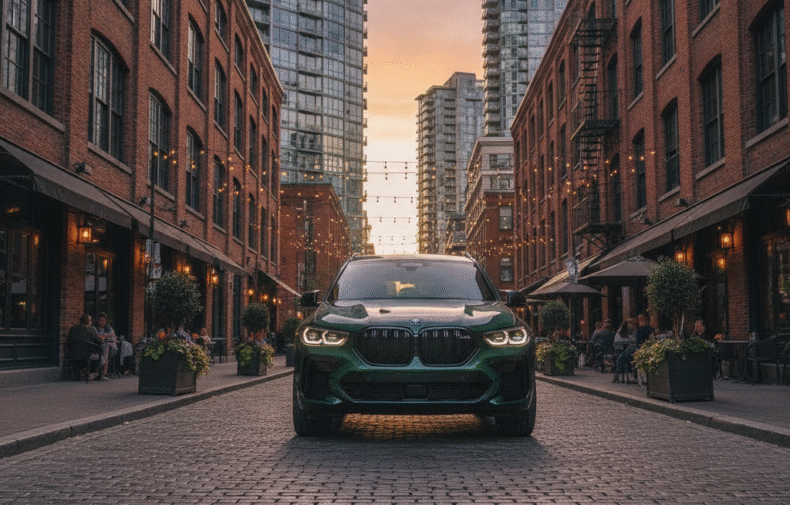 BMW XM driving through Yaletown's brick warehouse streets in Vancouver afternoon light
