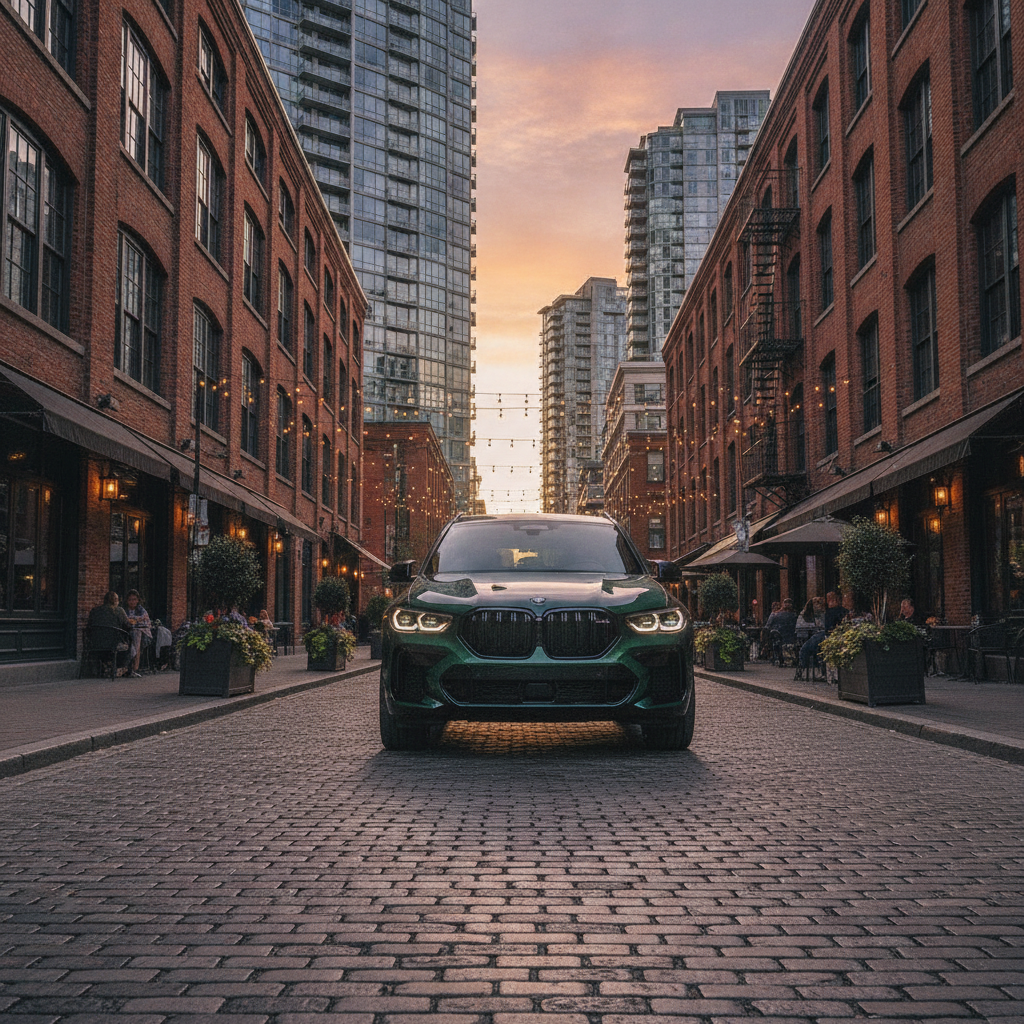 BMW XM driving through Yaletown's brick warehouse streets in Vancouver afternoon light